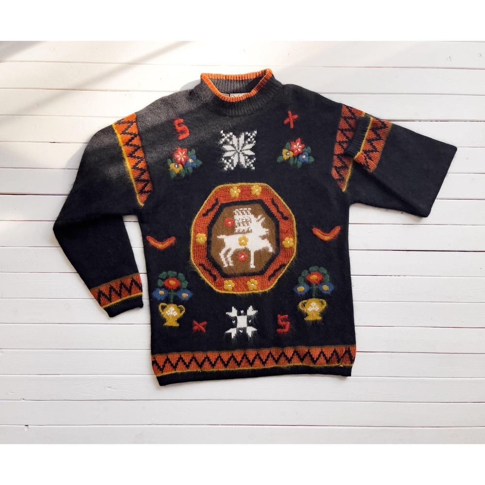 vtg Rafaella black lambswool deer‎ stag soft fuzzy wool sweater